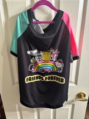 Sanrio "Friends Forever" Rainbow Character Tee - Black with Mint & Pink Sleeves